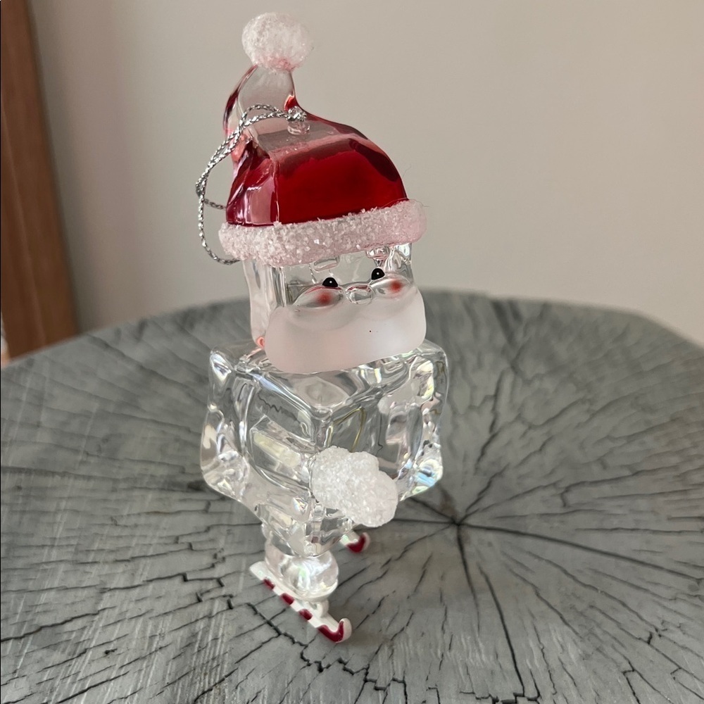 Festive Glass Santa Ice Cube Ornament with Red Hat